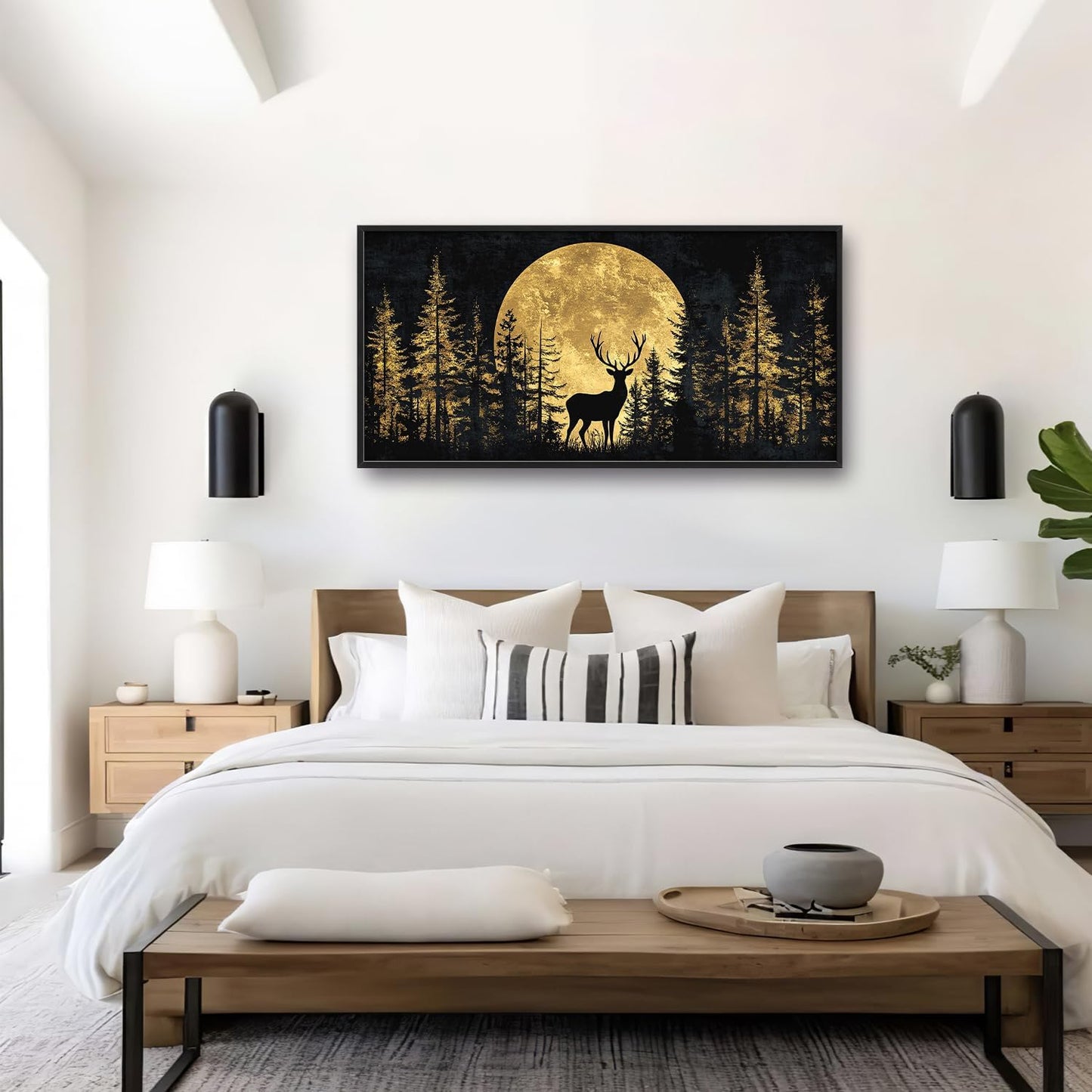 Large Moon Deer Forest Wall Art for Living Room, Black Gold Canvas Oversized Wall Decor, Elk Animal Framed Pictures Painting Print Artwork for Bedroom Office 60L" x 30W"