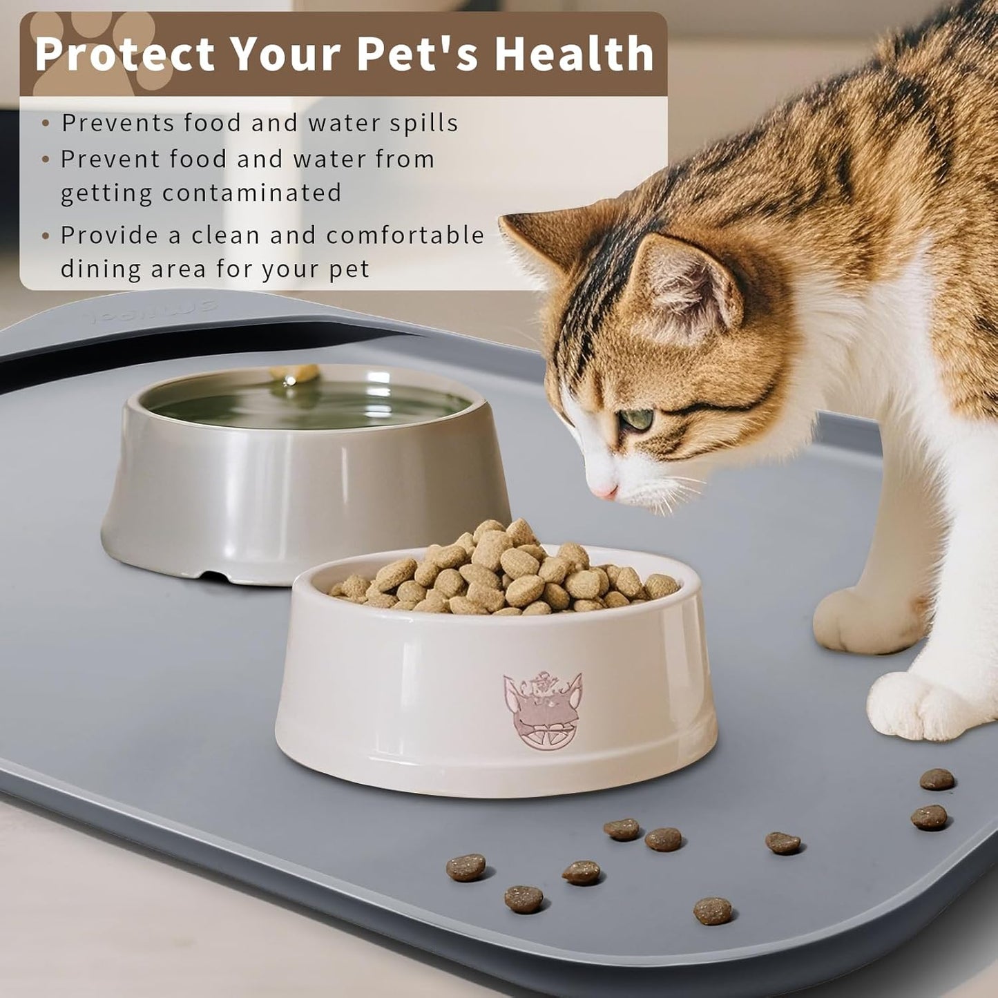 Silicone Pet Feeding Mat with Raised Edge & Residue Collection Pocket for Food and Water, Dog Bowl Mats, Cat Bowls Placemat with High Lip for Floor Waterproof, 24 x 16 x 0.8 Light Gray