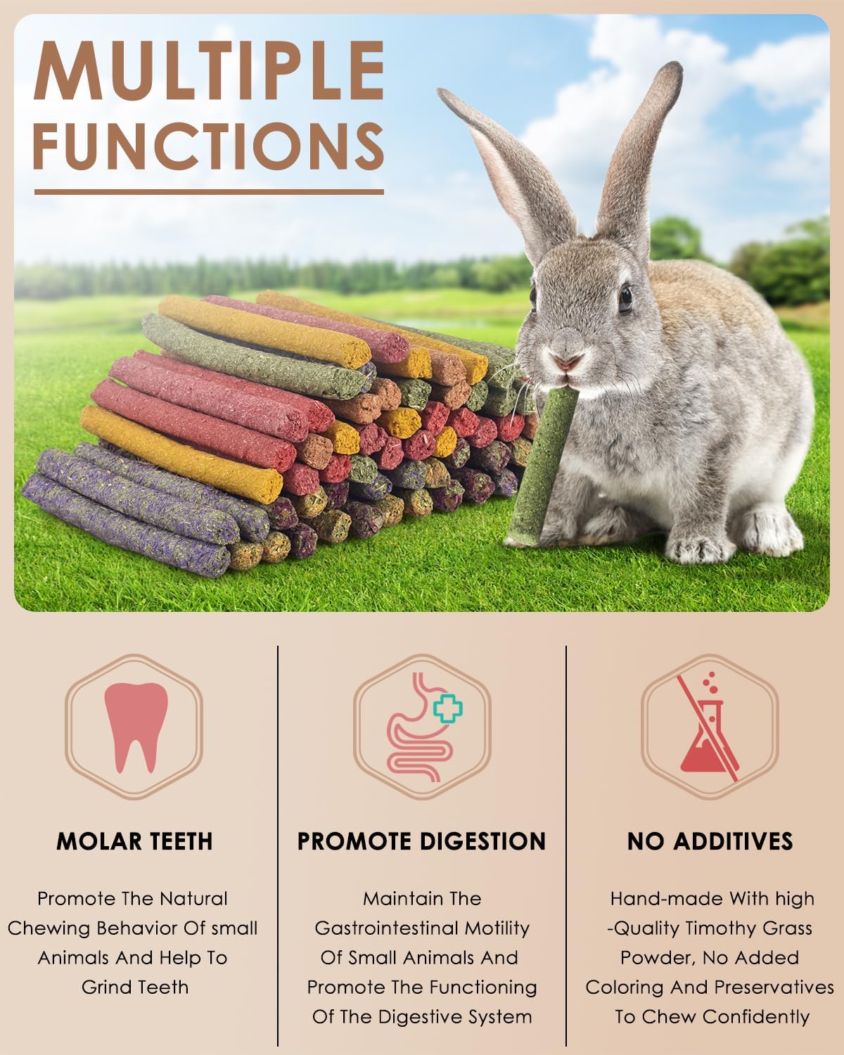 Bissap 72 PCS Rabbit Chew Sticks, Natural Timothy Hay Pumpkin Sugar Beet Carrot Strawberry Rose Dahlberg Daisy Forget-me-not Flower Treat for Bunny Chinchilla Guinea Pig Hamster Small Pet Molar Snack