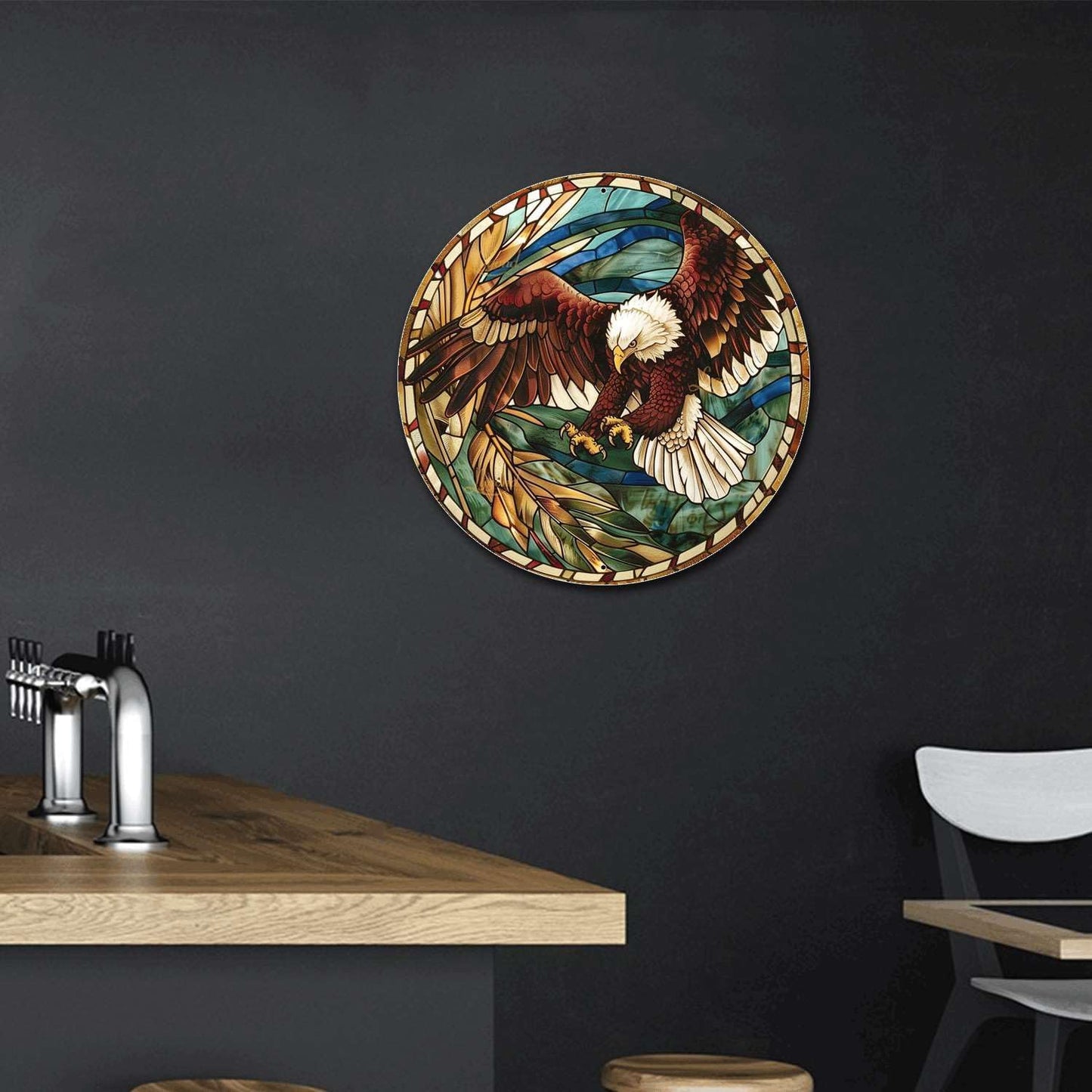 Lygond Metal Sign Tin Sign Circular Stained Glass Eagle Inspirational Wall Art for Garden 12×12 Inches