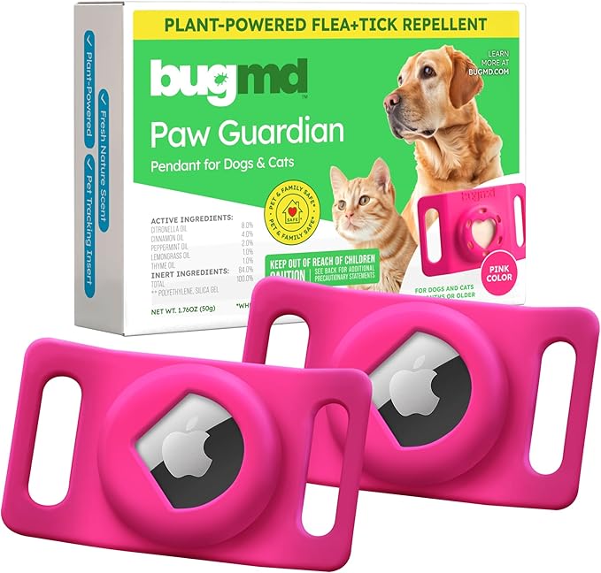 BugMD Paw Guardian Flea & Tick Pendant (2-Pack) with AirTag Holder – Plant-Based Flea & Tick Prevention for Dogs & Cats – Pet Collar Tag & GPS Tracker Holder for Cats & Dogs – Pink