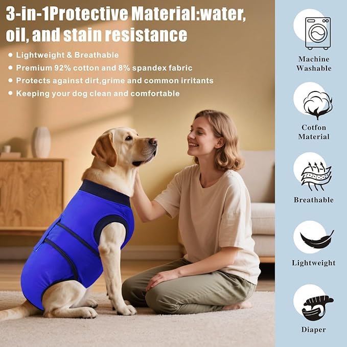 Idepet Dog Recovery Suit Female,Dogs Onesie Suit Surgery Male Breathable Pet Bodysuit for Spay Neuter E-Collar & Cone Alternative Surgical Suit Puppy Abdominal Anti Licking Wounds Shirt (Blue, M)