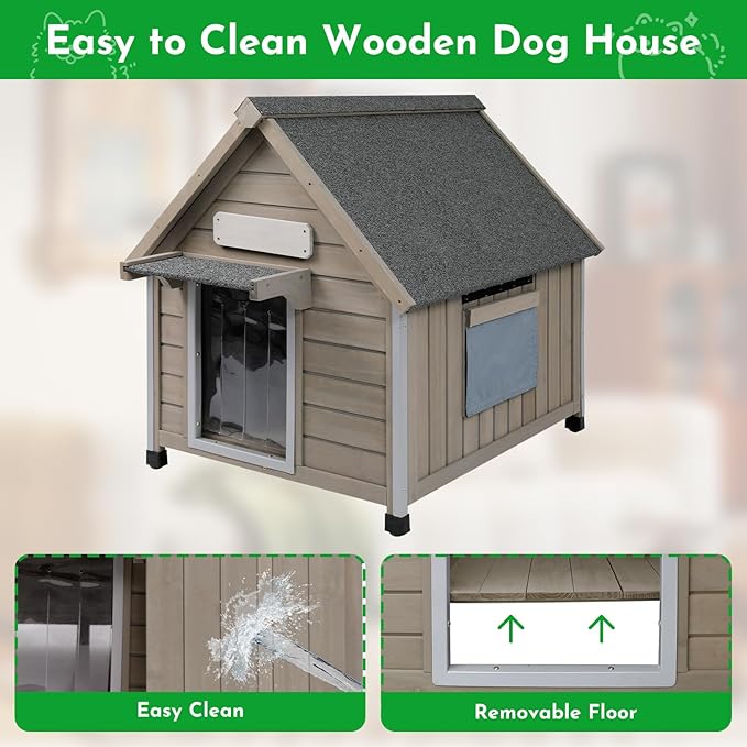Outdoor Dog House Weatherproof Large Wooden Dog Kennel Indoor for Small Dogs with Chew-Proof Frame, Oxford Fabric Window, Removable Floor Pet Shelter (Grey, 26" D x 31.9" W x 32" H)