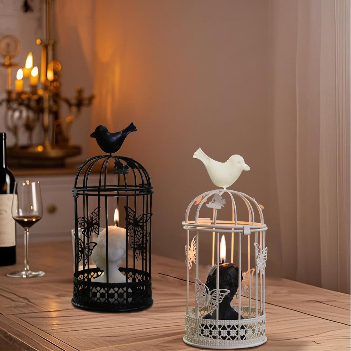 Vintage Decorative Bird Cage，Metal Black Bird Cage Decor for Candelabros para Centros De Mesa & Lanterns Decorative Indoor Suitable Wedding Party, Dining Table，Fireplace Metal Lantern&Bird Cage Decor