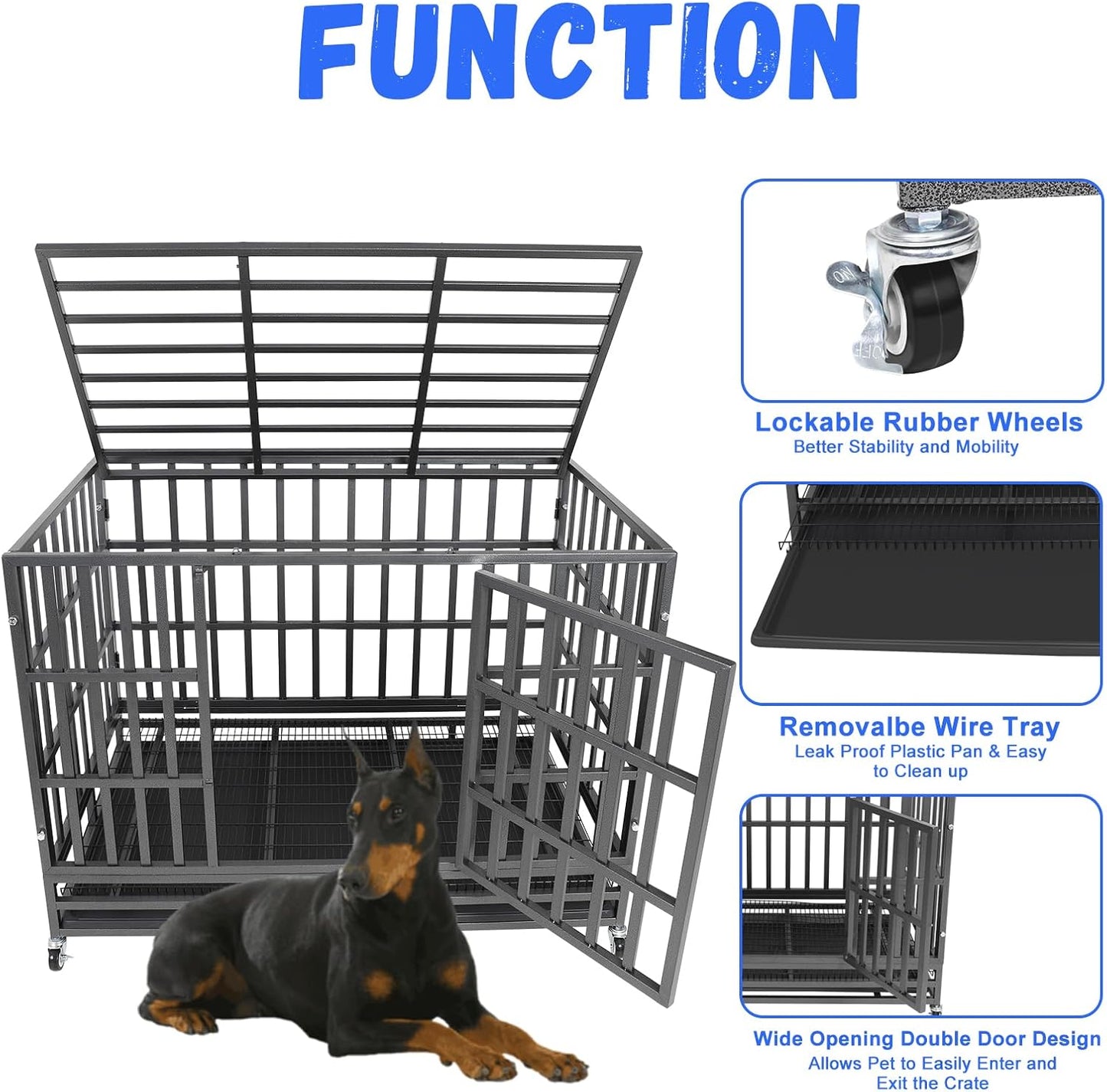 Confote 48" Heavy Duty Dog Crate Cage Kennel Metal Pet Crate Cage Indoor Outdoor Pet Kennel for Large Dogs with Removable Tray, Double Door