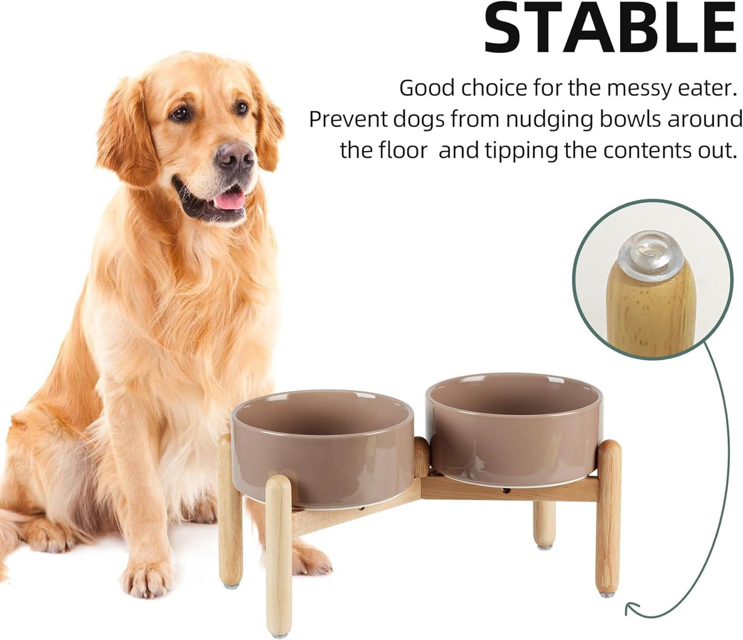 Ceramic 7.3inch Raised Double Bowls Set with Wooden Stand, Food & Water Bowls for Medium Breed Dogs, Weighted Dog Dishes, Pet Feeder(Brown Coffee)