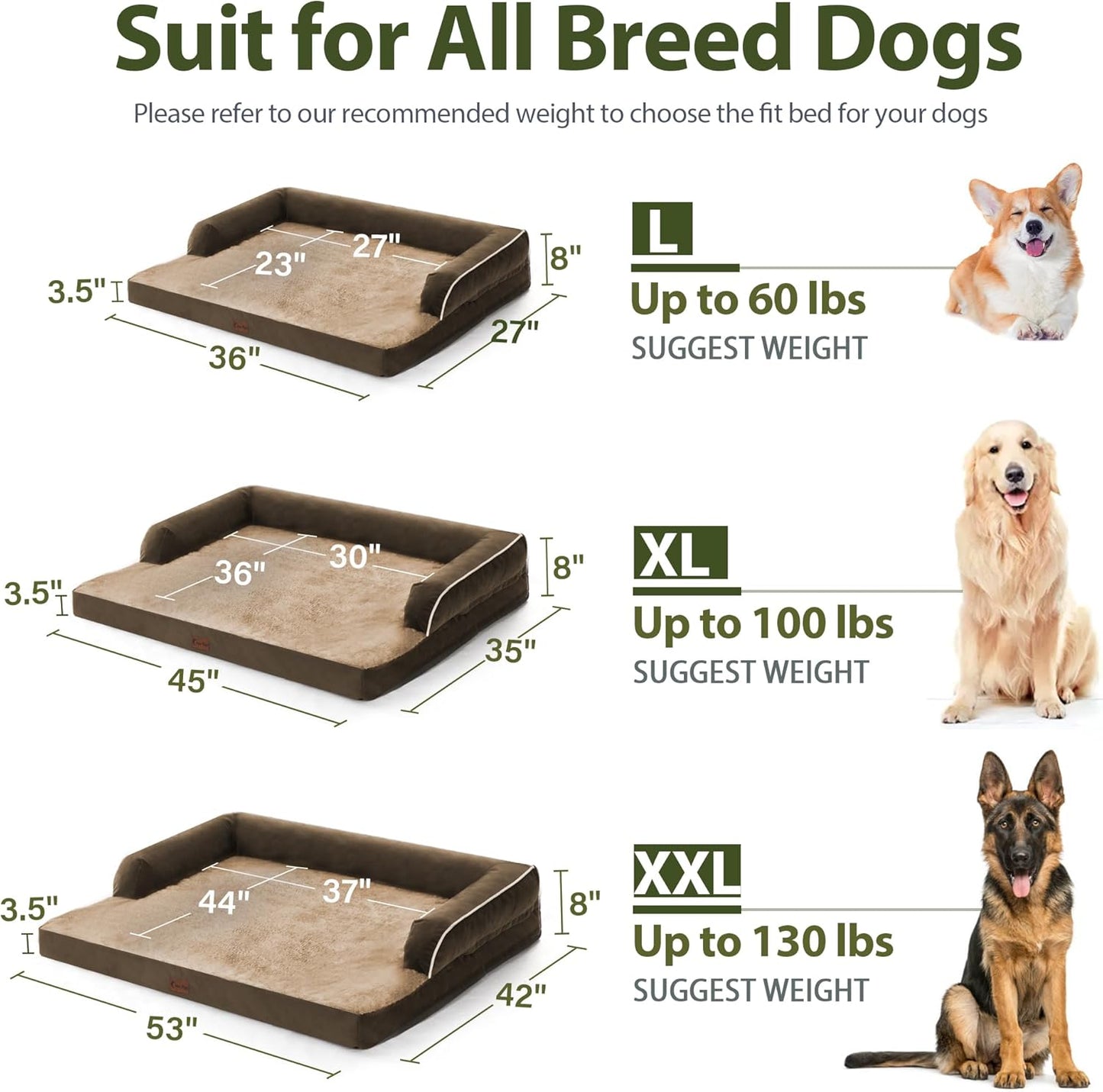 Orthopedic Dog Beds for Extra Large Dogs, Waterproof Dogs Beds XLarge, Memory Foam Dog Couch Beds with Comfy Bolster, Removable Washable Cover and Nonskid Bottom (X-Large,Brown)