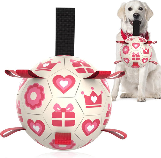 QDAN Pink Dog Toys Soccer Ball with Straps, Interactive Tug of War Toy, Puppy Birthday Gifts, Water Toy, Durable Dog Balls for Medium Large, Valentines Gift (8 Inch)