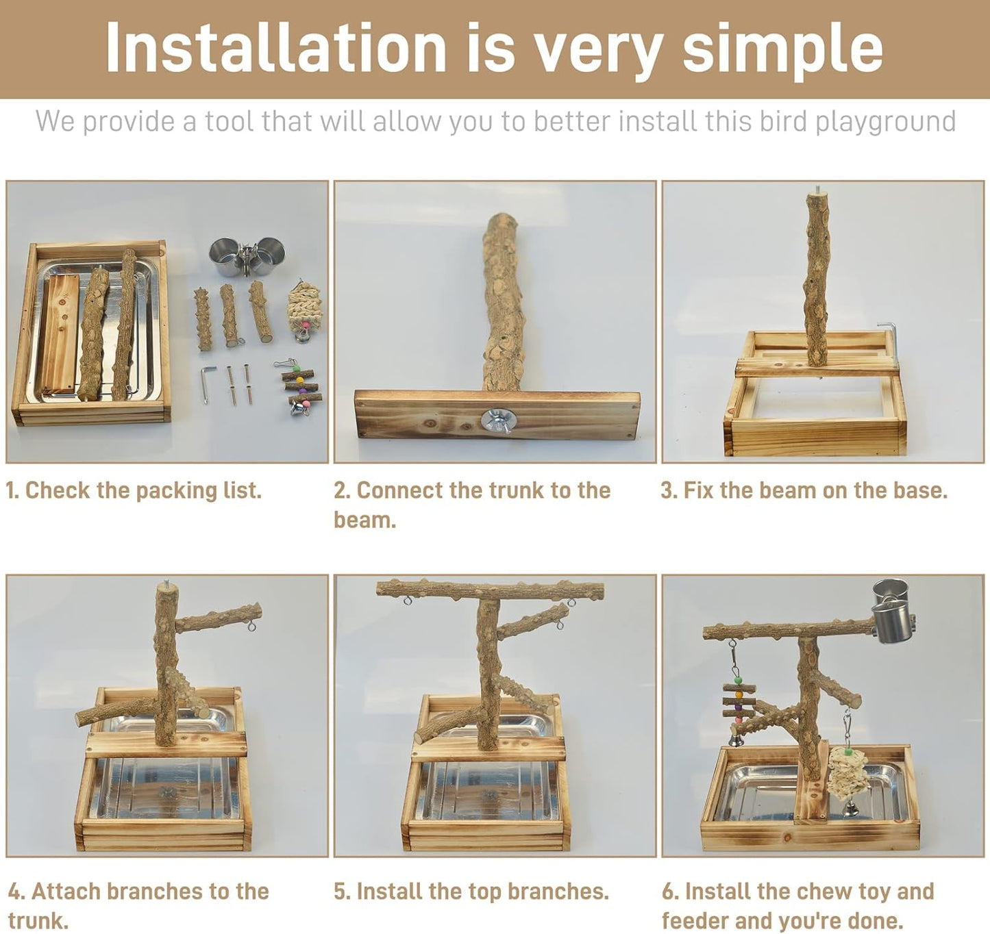 Natural Wood Bird Toys Playground, Bird Cage Accessories, Bird Perches, with Removable Tray and 2 Stainless Steel Cups