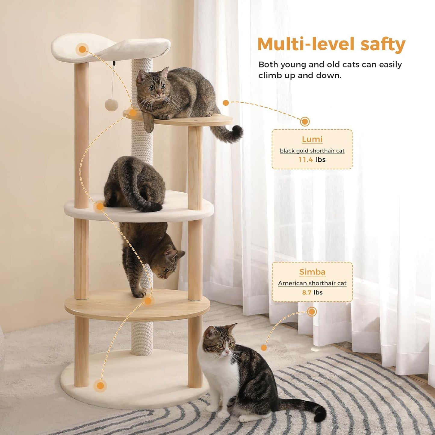 PETEPELA Wood Cat Tree Tower for Indoor Cats,5-Level Cat Climbing Tree Cat Play House with Sisal Scratching Posts Beige