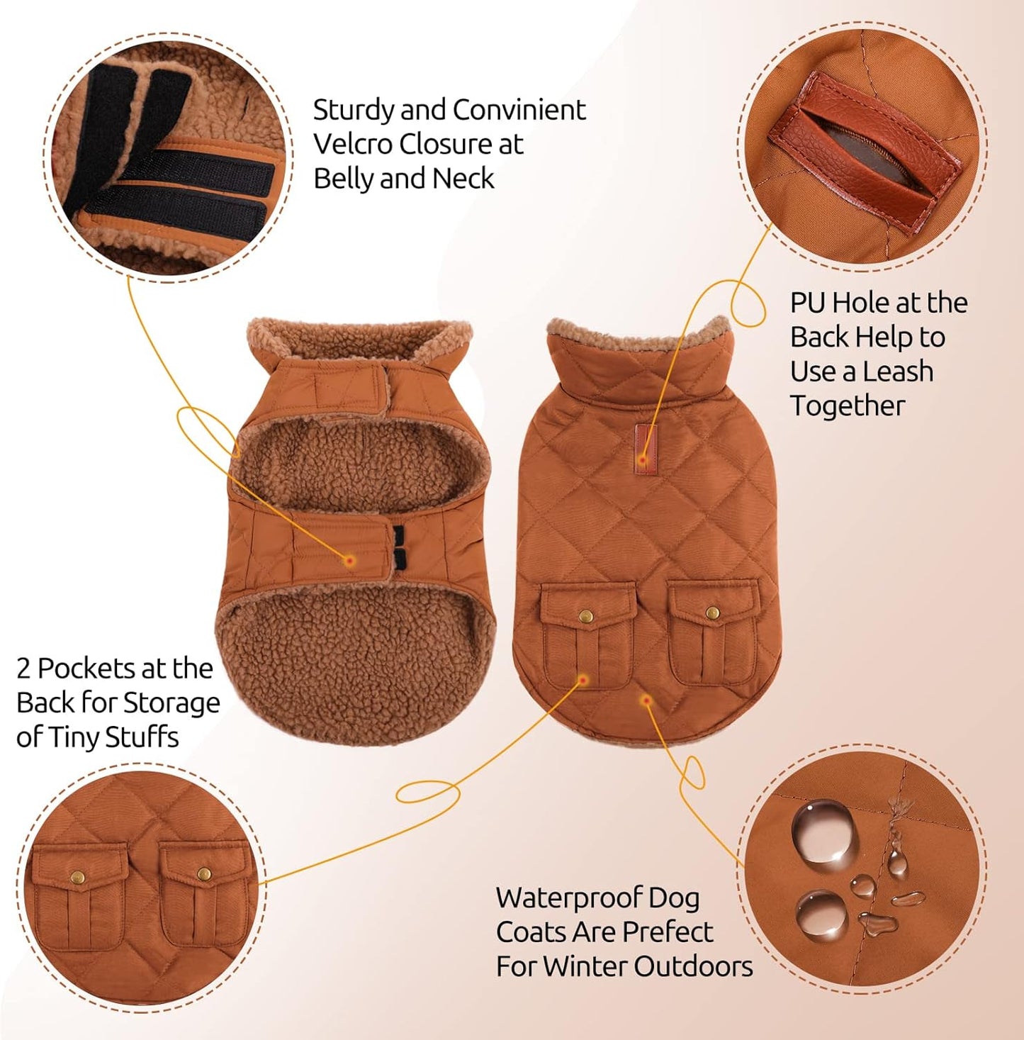 Queenmore Warm Dog Coat, Cold Weather Puffer Dog Jacket with Ultra Thick Plush Lining and Storage Pockets (Brown, Medium)