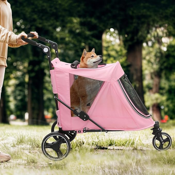 Magshion Pet Stroller for Medium Dogs w/Adjustable Handle, 3-Wheel Dog Cat Wagon w/Dual Entry, Rear Storage, Breathable Mesh, One-Foot Brake, Ideal for Large Pets up to 55 lbs, Pink