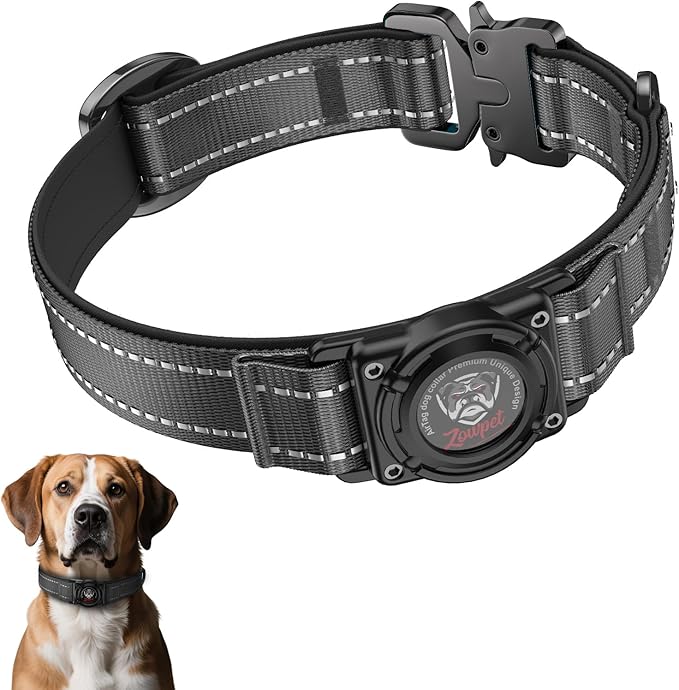 2025 Upgrade Airtag Dog Collar, Reflective Dog Collar with Airtag Holder, IP68 Waterproof| Metal Buckle| Ultra-Durable| Comfortable Padded, GPS Dog Collars for Medium Large Dogs (Black,M)
