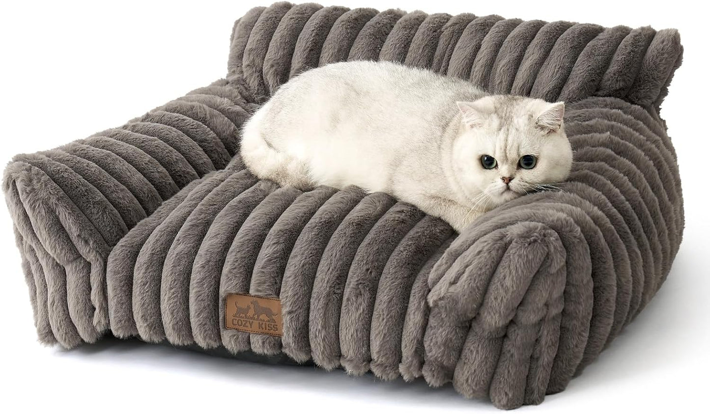 Cute Cat Couch, Premium Plush Faux Fur Pet Couch Bed, Ultra-Soft Pet Furniture for Cats & Small Dogs (Grey, S: 25.5''x17.5'')
