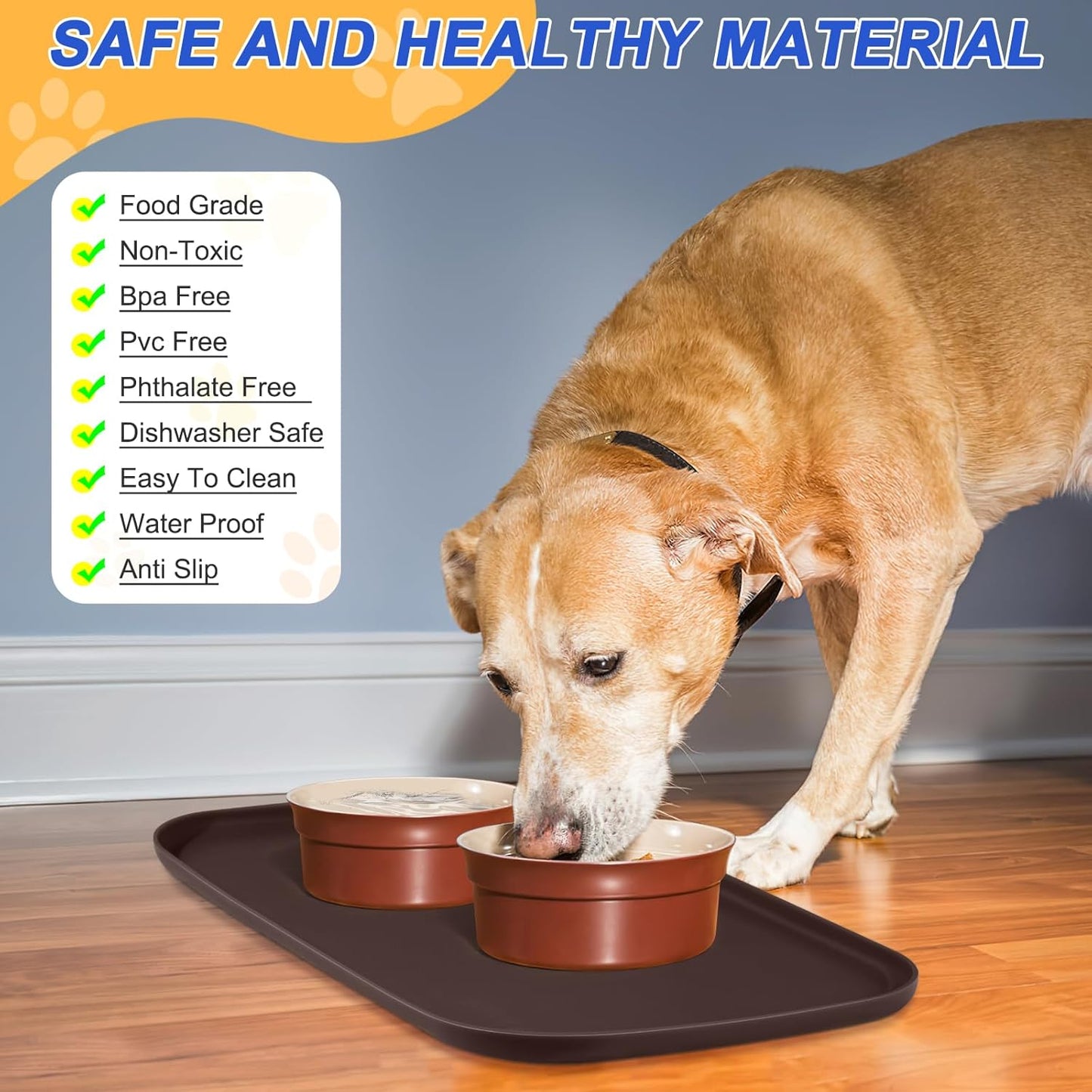 Silicone Pet Feeding Mat with Raised Edge for Food and Water, Dog Bowl Mats, Cat Bowls Placemat with High Lip for Floor Waterproof, Rubber Tray for Cats and Dogs 24 x 16 x0.8 Dark Brown