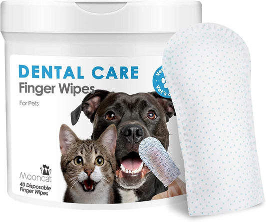 Mooncat Dental Finger Wipes for Dogs & Cats - Easy Teeth Cleaning to Remove Plaque, Tartar & Freshen Bad Breath - Gentle Tooth Wipes for Puppy & Kitten Care - 40 Counts