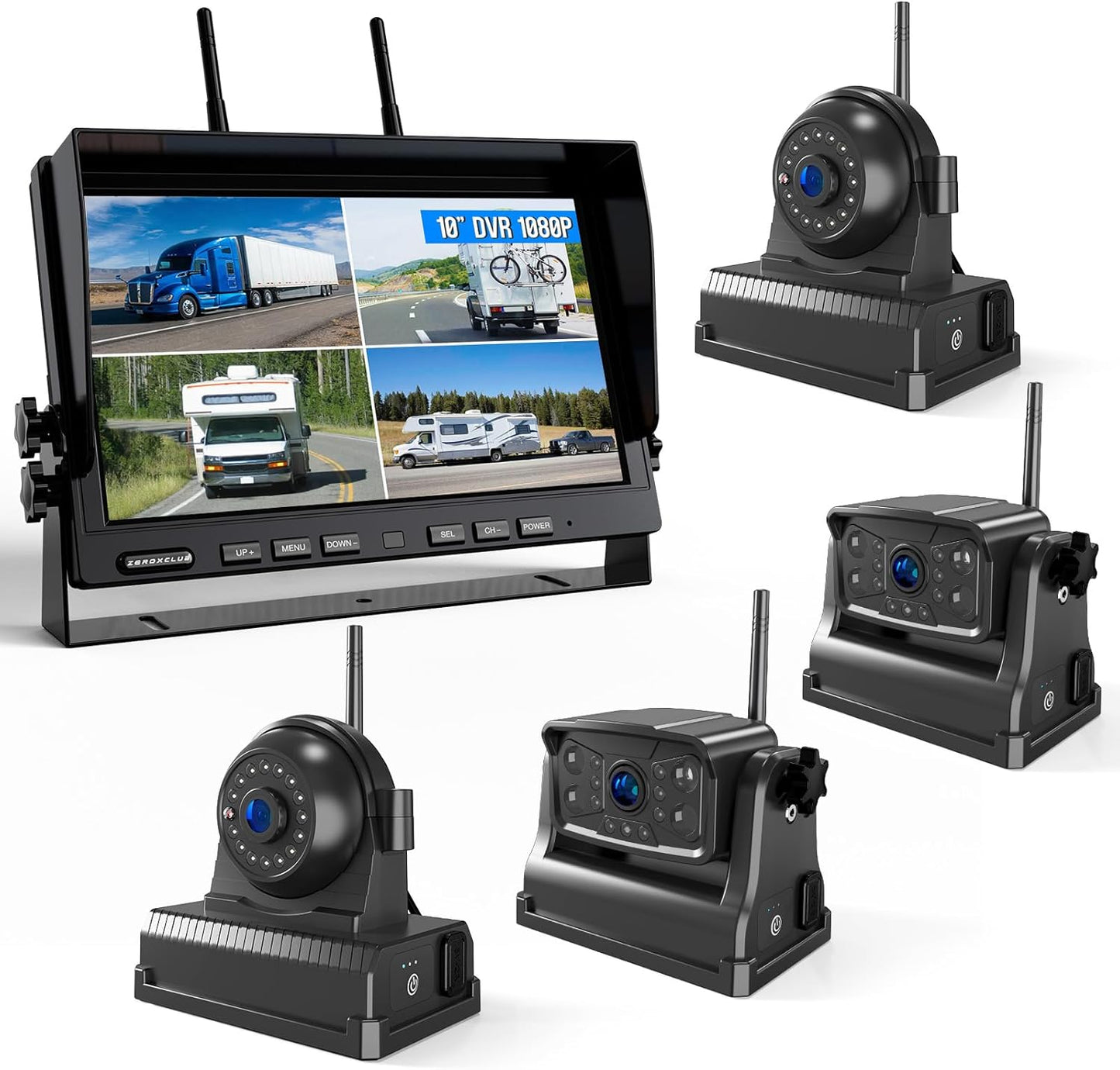 Magnetic RV Wireless Backup Camera, HD 1080P 10" Loop Recording Monitor, 2-Rear View 2-Side View Cameras Wireless System for RV Trailer Trucks, Built-in 9600mAh Battery, Night Vision- ZEROXCLUB BC104