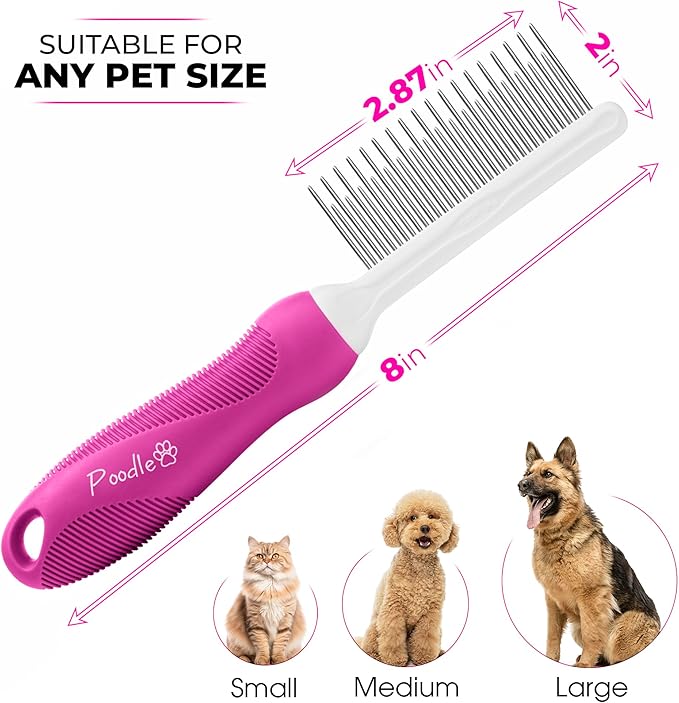 Poodle Pet Detangling Pet Comb with Long & Short Stainless Steel Teeth for Removing Matted Fur, Knots & Tangles – Detangler Tool Accessories for Safe & Gentle DIY Dog & Cat Grooming (Pink)