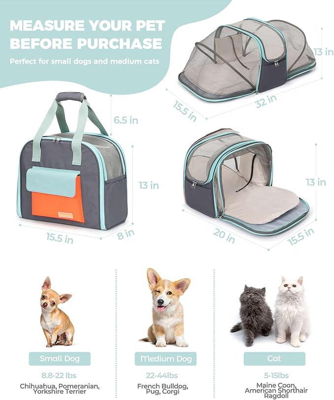 Expandable Pet Carrier Backpack, Cat Carrier Backpacks with Breathable Mesh for Cats Small Dogs Puppies Up to 25 Lbs Airline Approved Waterproof Travel Carrier with Safety Buckle for Hiking & Flights