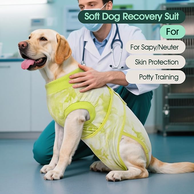 Kuoser Dog Surgery Recovery Suit, Anti Licking Pet Surgical Suit for Dogs Male Neuter, Female Dog Surgery Suit for Spay Subsititute E-Collar Cone, Dogs Body Suits After Surgery Green Tie Dye 2XL