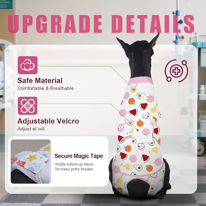 Recovery Suit for Dogs After Surgery, Professional Dog Surgical Suit for Female Spay, Male Neuter, E-Collar & Cone Alternative Dog Onesie for Abdominal Wounds Skin Disease, Fruit, L
