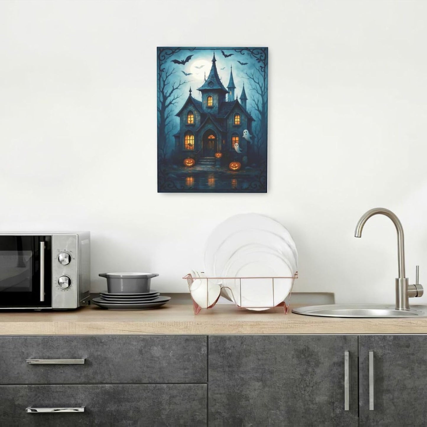Halloween Gothic Wall Art Castle Pumpkin Ghost Bat Canvas Wall Decor Dark Academia Pictures Painting Print Framed Artwork Decorations Gifts for Halloween Living Room Bedroom Office 12"x16"