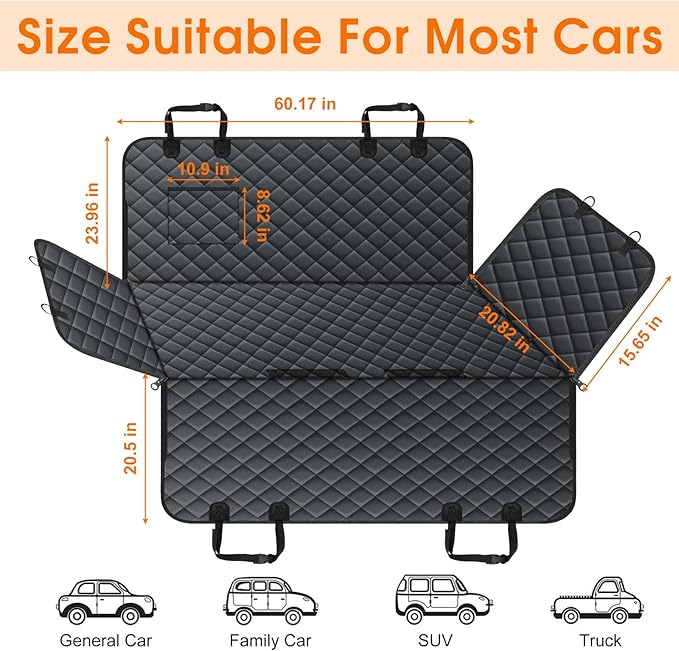 Waterproof Dog Car Seat Cover for Back Seat - Durable, Scratch Proof Pet Hammock with Nonslip Design & Storage Pockets, Fits Cars, SUVs, Trucks - L, Black