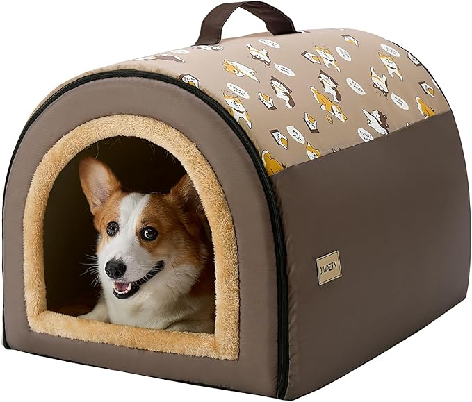 Jiupety Indoor Dog House, 2-in-1 Portable Foldable House Bed with Cover, Pet Tent & Cave Bed for Medium Dogs, XL(29"×21"×20"), Up to 44 Lb, Brown