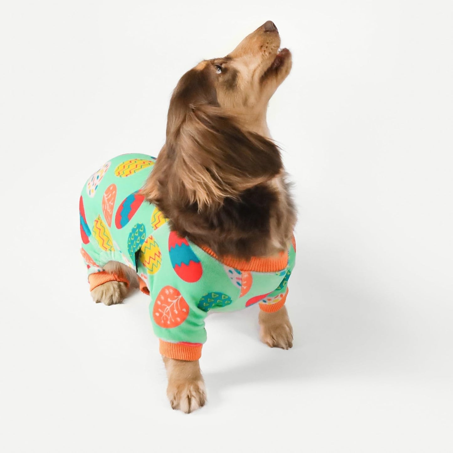Fitwarm Easter Egg Dog Pajamas, Holiday Dog Clothes for Small Dogs Girl Boy, Pet Easter Outfit, Puppy Cat Onesie, Lightweight Velvet, Light Green, Orange, Large