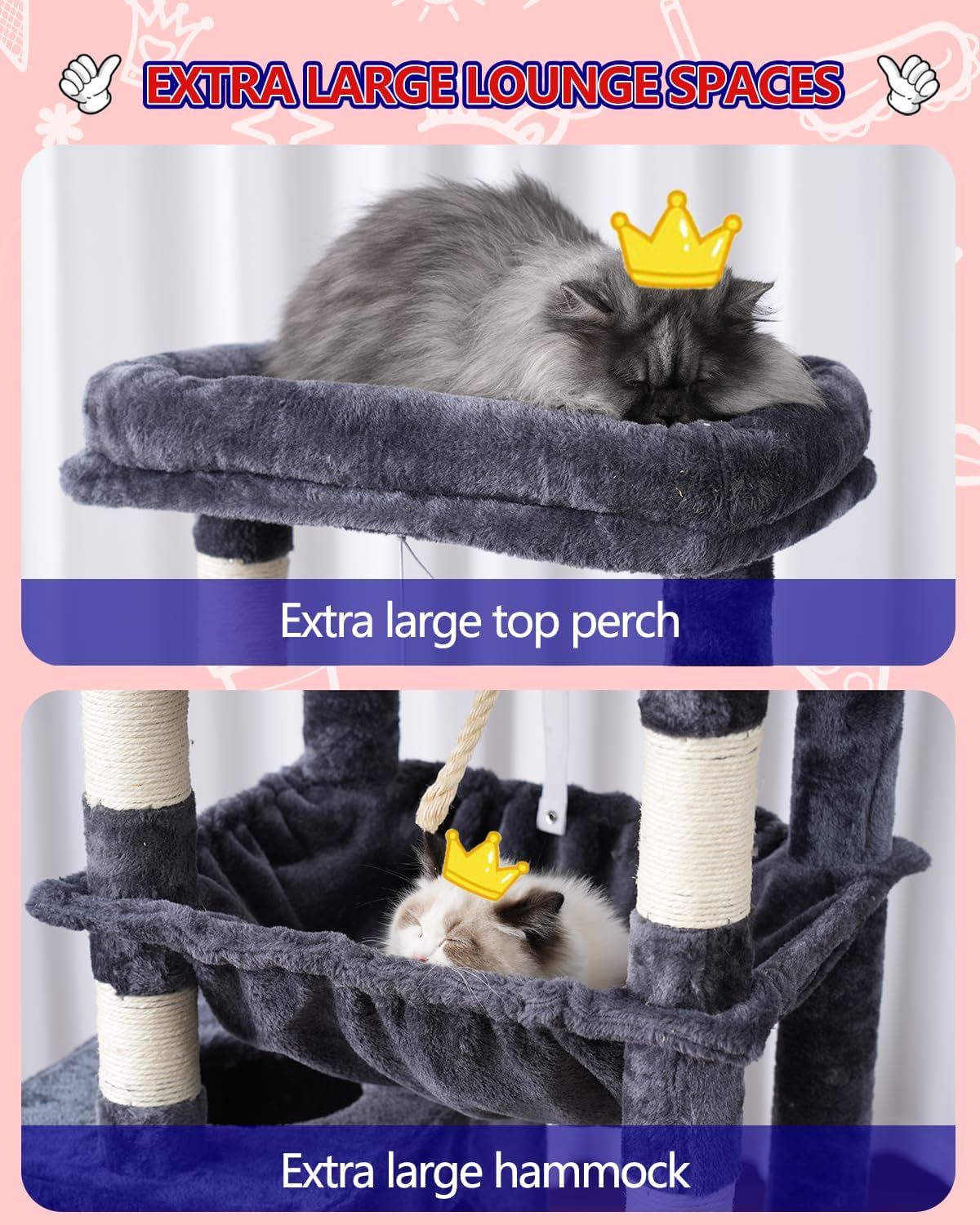 Cat Tree, Cat Tower for Large Cats with 2 Big Platforms, 2 Baskets, condo and Toys, 63" Cat Scratching Posts for Indoor Cats, Smoky Gray GCT020G