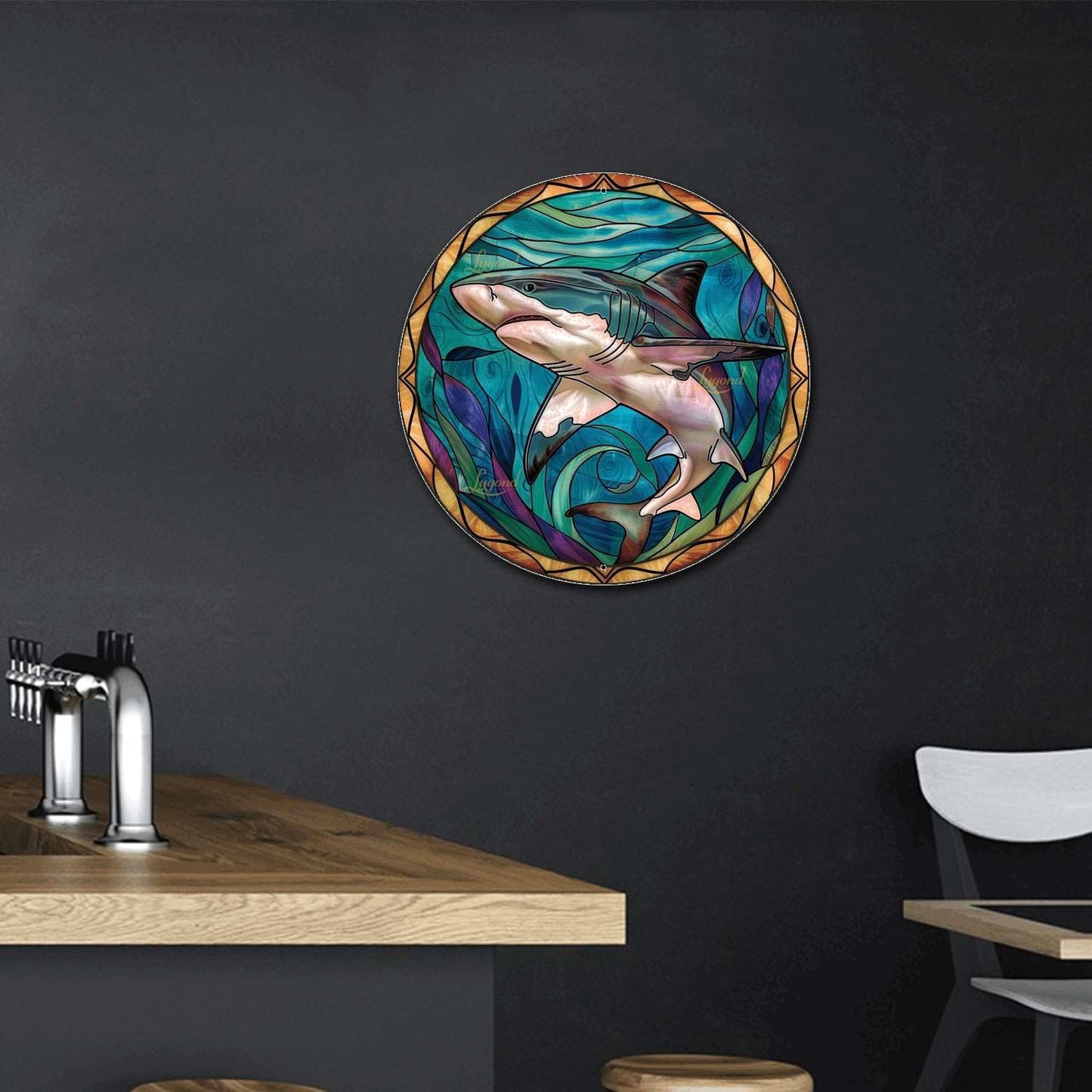 Lygond Metal Shark Garage Sign - Stained Glass, 88 Inches