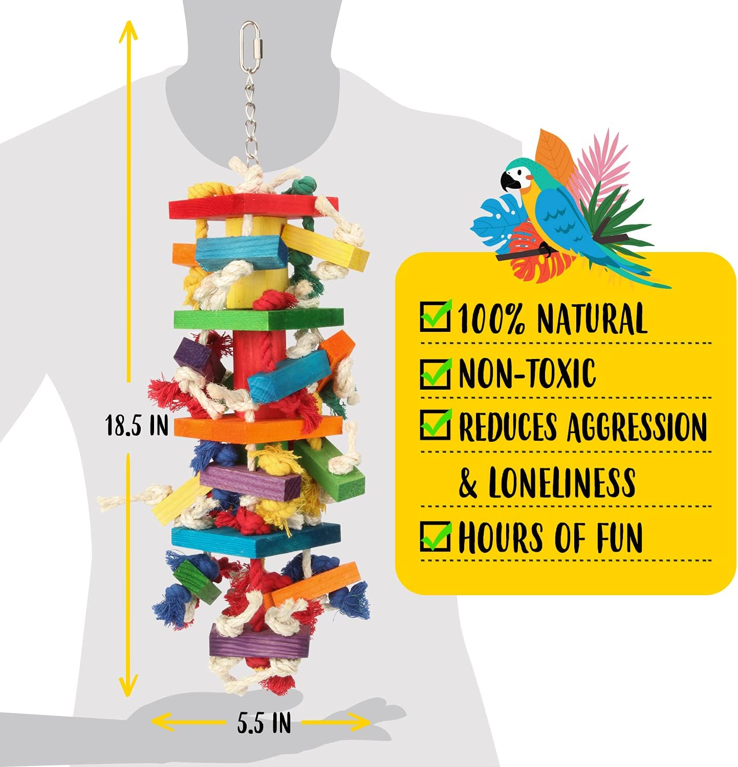 GATMAHE Macaw Toys, Extra Large Parrot Toys, Bird Toys for Parrots African Grey, Amazon Parrots, Parakeet Natural Wooden Block Toy for Climbing, Chewing, Unraveling and Preening (Large)