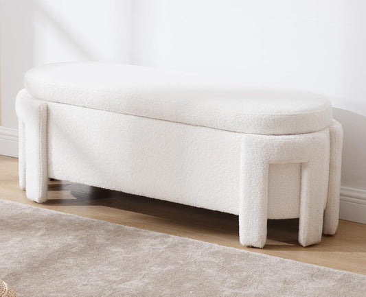 Kmax 50" Storage Ottoman Bench Modern Faux Fur Boucle Entryway Bench Comfy Upholstered End of Bed Bench for Hallway Entrance Bedroom Corner, White