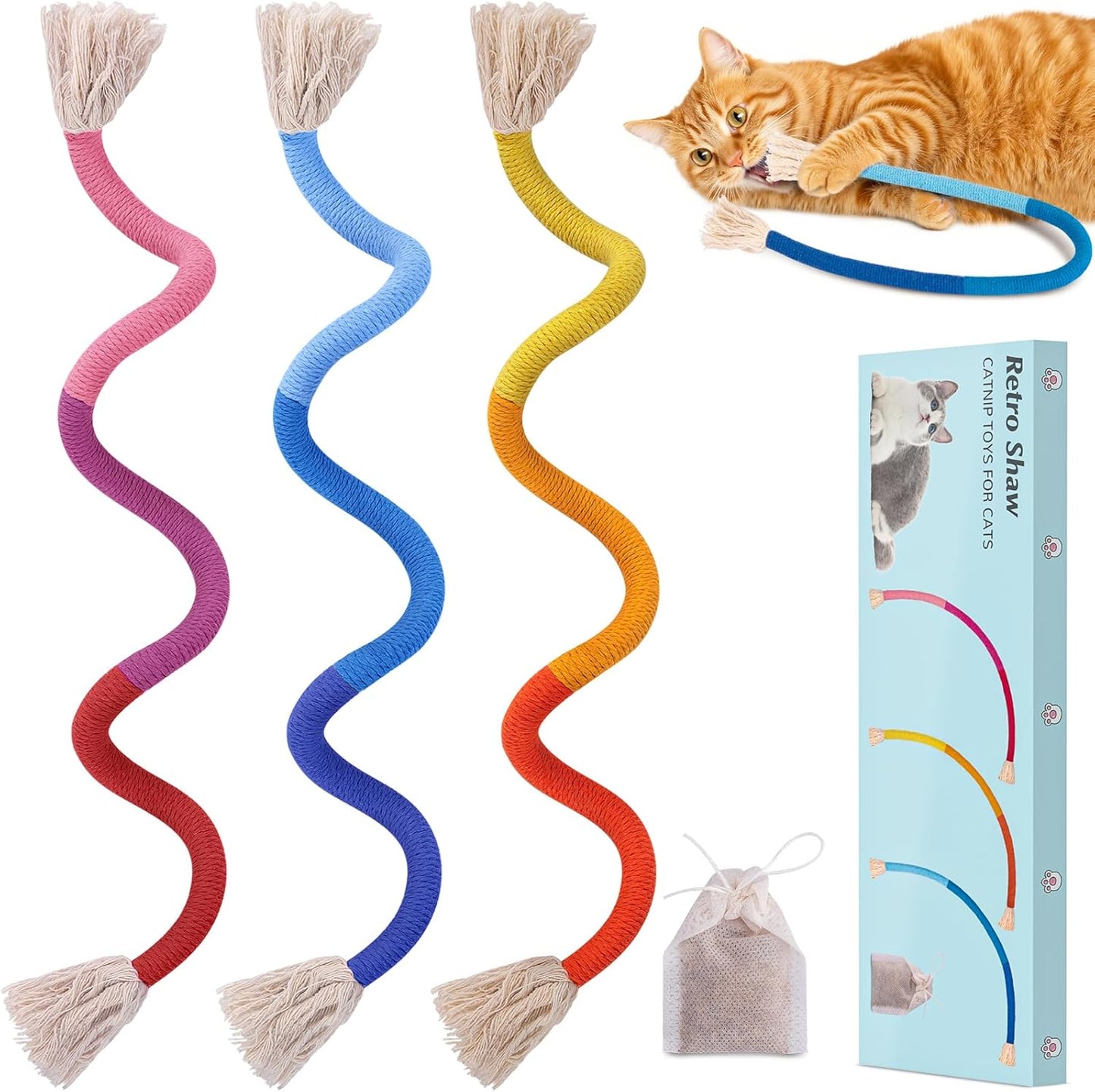 Retro Shaw Cat Toys Chew Ropes, Catnip Rope Toys for Indoor Cats Kitten, Safe Cat String Kitten Chew Teething Toy Kitty Nip Kicker - Pack of 3, 23.6 Inches