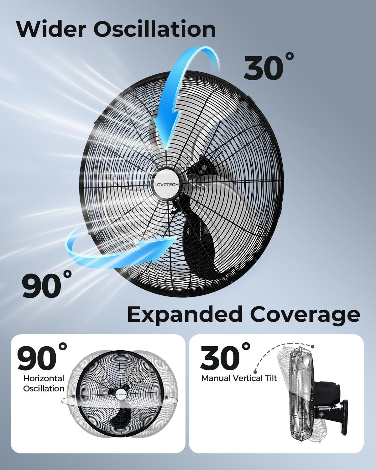 20 inch Wall Mount Fan Oscillating, 3-Speed 5500 CFM High Velocity Industrial Wall Mounted Fan, Heavy Duty Air Circulator for Garage, Shop, Gym, Workshop, Covered Patio - UL Listed