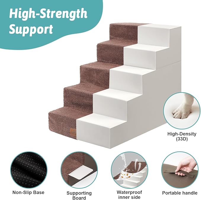 Dog Stairs for Small Dogs, 5 Tier Removable Wider Pet Stairs for Couch and Bed, 23.6" H Non-Slip Dog Steps for Puppies and Old Cats with Support Board, 29.5x19.7x23.6 inch, Brown