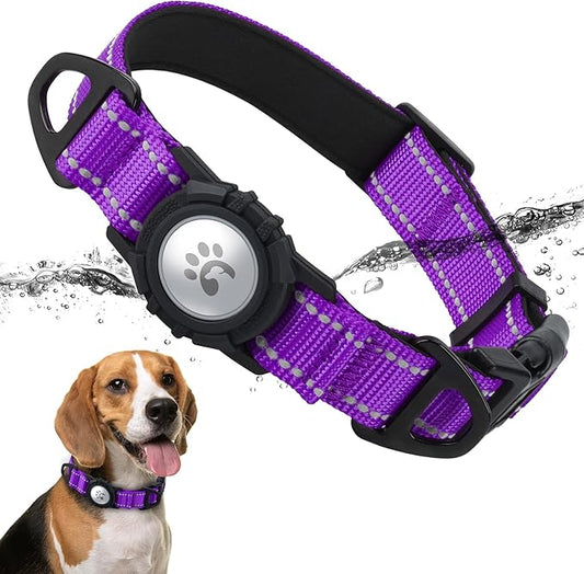 TagME Airtag Dog Collar,Waterproof Reflective Pet Collar with Airtag Holder,Soft Padded and Double D-Rings for Medium Dogs,Purple