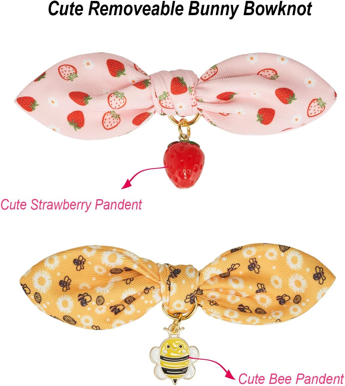 2 Pack Breakaway Cat Collars with Cute Bunny Ear Bowtie and Bell, Bow Tie Kitty Collars for Female Girl Cats(Yellow Bee & Pink Strawberry)