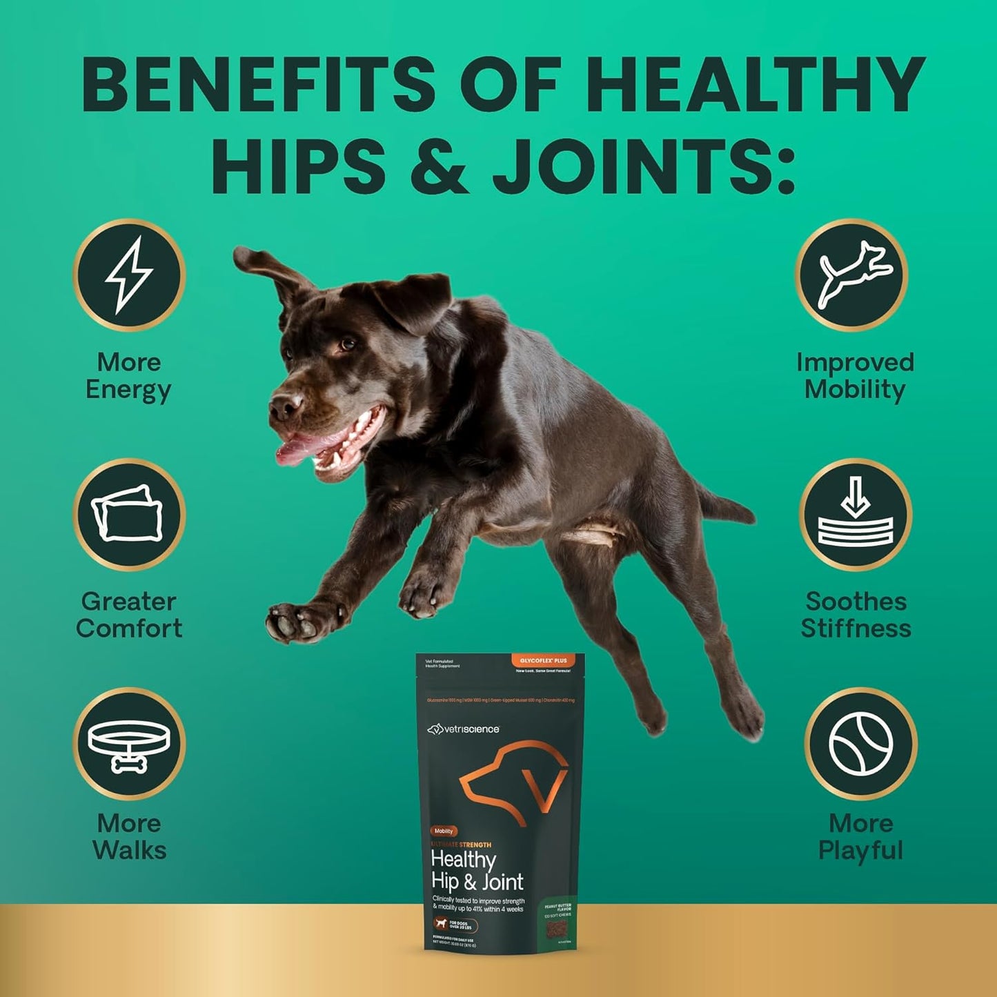 VetriScience Ultimate Strength Healthy Hip & Joint Chews, GlycoFlex Glucosamine, Chondroitin & Green-Lipped Mussel Joint Support Supplement for Dogs, Soothe Joint Discomfort, Peanut Butter, 120 Count