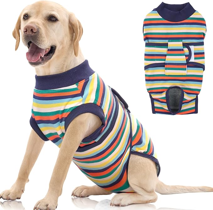 FUAMEY Recovery Suit for Dogs After Surgery,Soft Breathable Dog Bodysuit E-Collar & Cone Alternative Surgical Suit,Male Female Dog Neuter Spay Suits Anti Licking Wounds Onesie Dark Blue Stripes XXL
