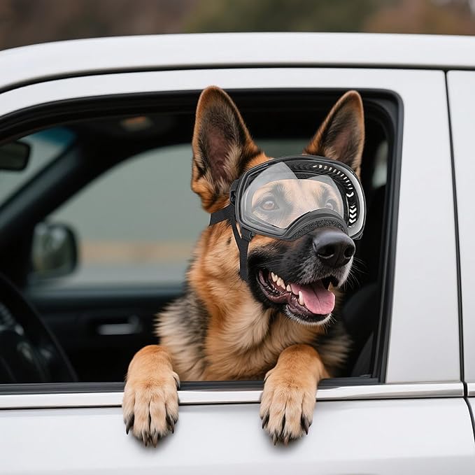 NAMSAN Clear Dog Goggles for Large Dogs, Wide Eyecup & Soft Frame, Anti-UV Sunglasses for Dogs Medium to Large Breed, Driving Dog Eye Protection, Windproof Dustproof, Adjustable, Black Frame