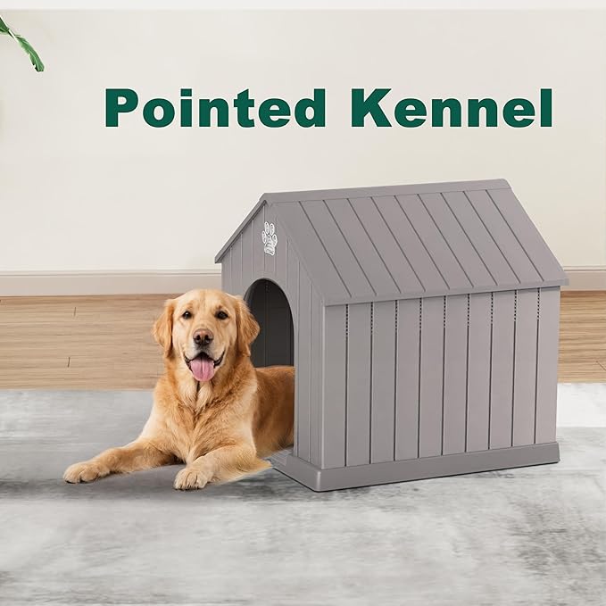 DRATO Indoor Outdoor Waterproof Dog House,PP Material,Puppy Shelter with Air Vents and Elevated Floor,Sturdy Dog Kennel for Small to Large Sized Dogs, Easy to Assemble (Gray, 38.62×36.26×38.07 Inches)