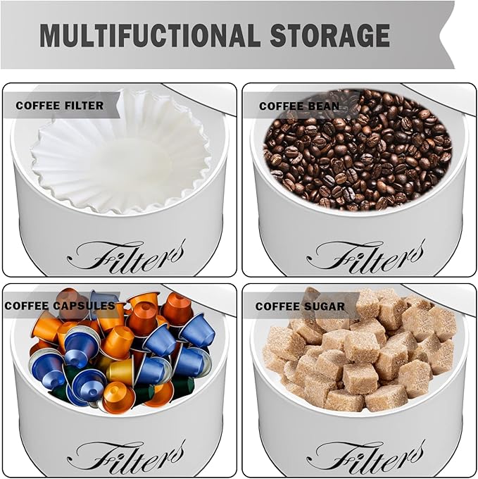 Coffee Filter Holder, White Basket Coffee Filter Storage with Lid, Round CoffeeFilter Container for Counter, Rustic Farmhouse Coffee Bar Accessories Decor (White)