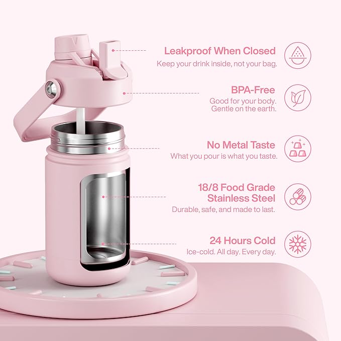 Kids Insualated Water Bottle with Straw - 12oz Stainless Steel Water Bottle with Dual Spouts, Leak-Proof, BPA-Free, Double Wall Vacuum Keeps Cold for 24 Hours for Sports, Travel, School (Cotton Candy)