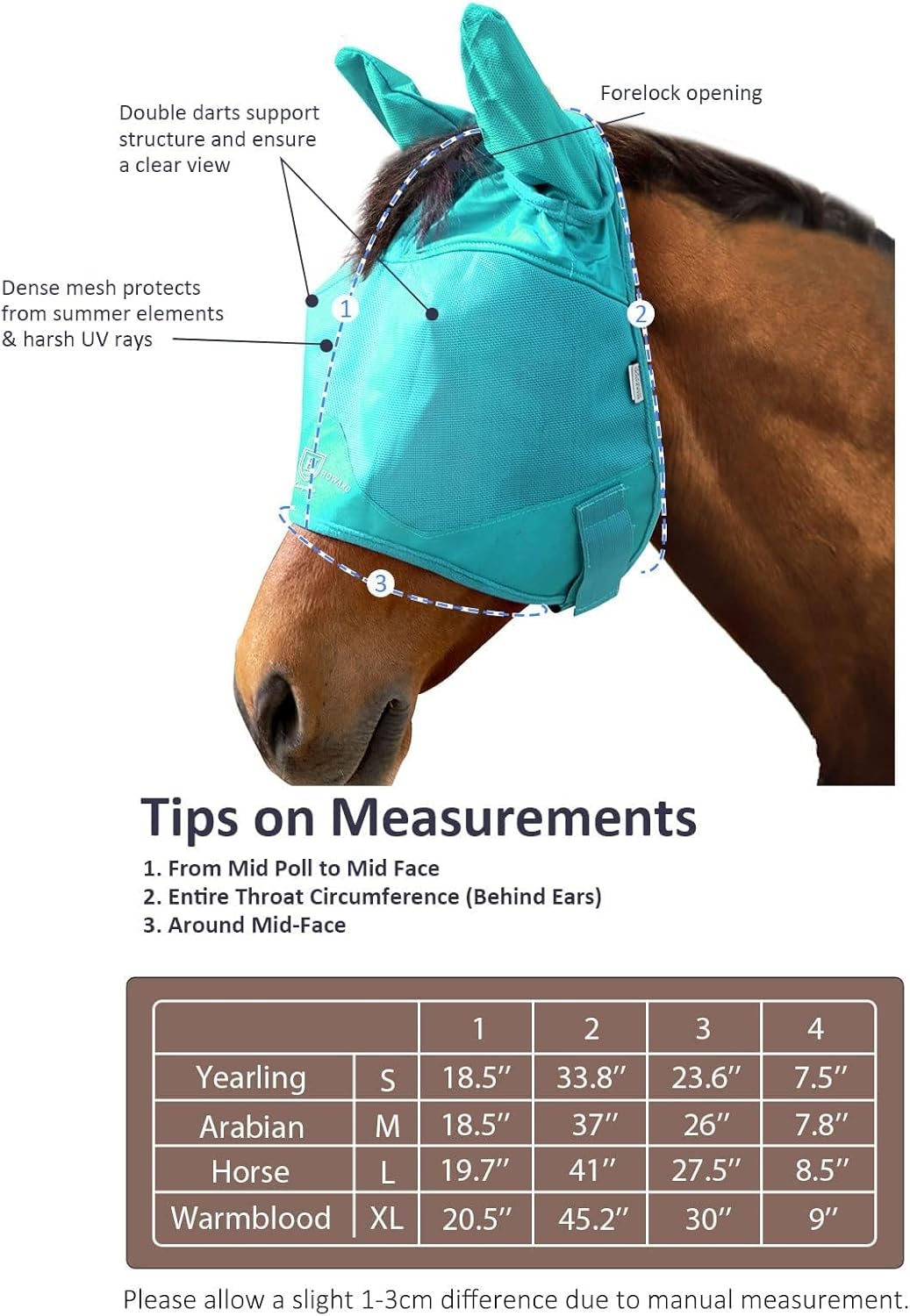 Harrison Howard UV-proof Multi-Function Fabrics Thick Fleece Padding Horse Fly Mask Half Face with Ears Mint Horse Large
