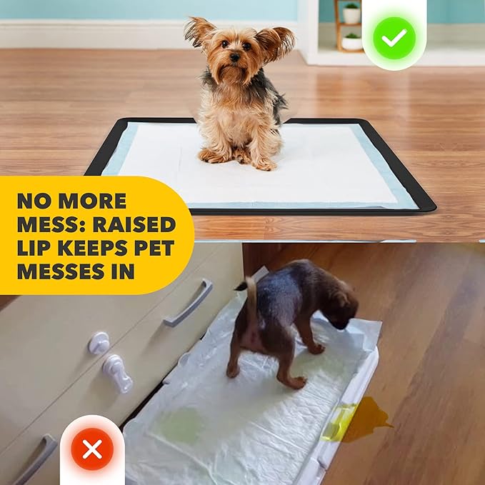 TidyFriend 2 Pack Dog Pee Pad Holder Tray Fits for 24” x 24” Wee Wee Pee Pads - Stable Grip, Raised Edges, Quick-Wipe Silicone Surface Dog Potty Tray Holder for Indoor Flooring Protection (Black)