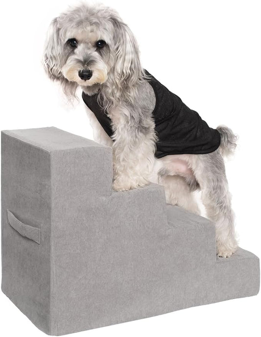 MEWANG Dog Stairs for Small & Medium Dogs and Old Cats –3/4/ 5 Steps High-Density Foam Pet Ramp for Bed & Couch, Non-Slip, Washable Cover, Grey (Square Corner, 4 Steps: 23.94''×18.27''×14.96'', 2)