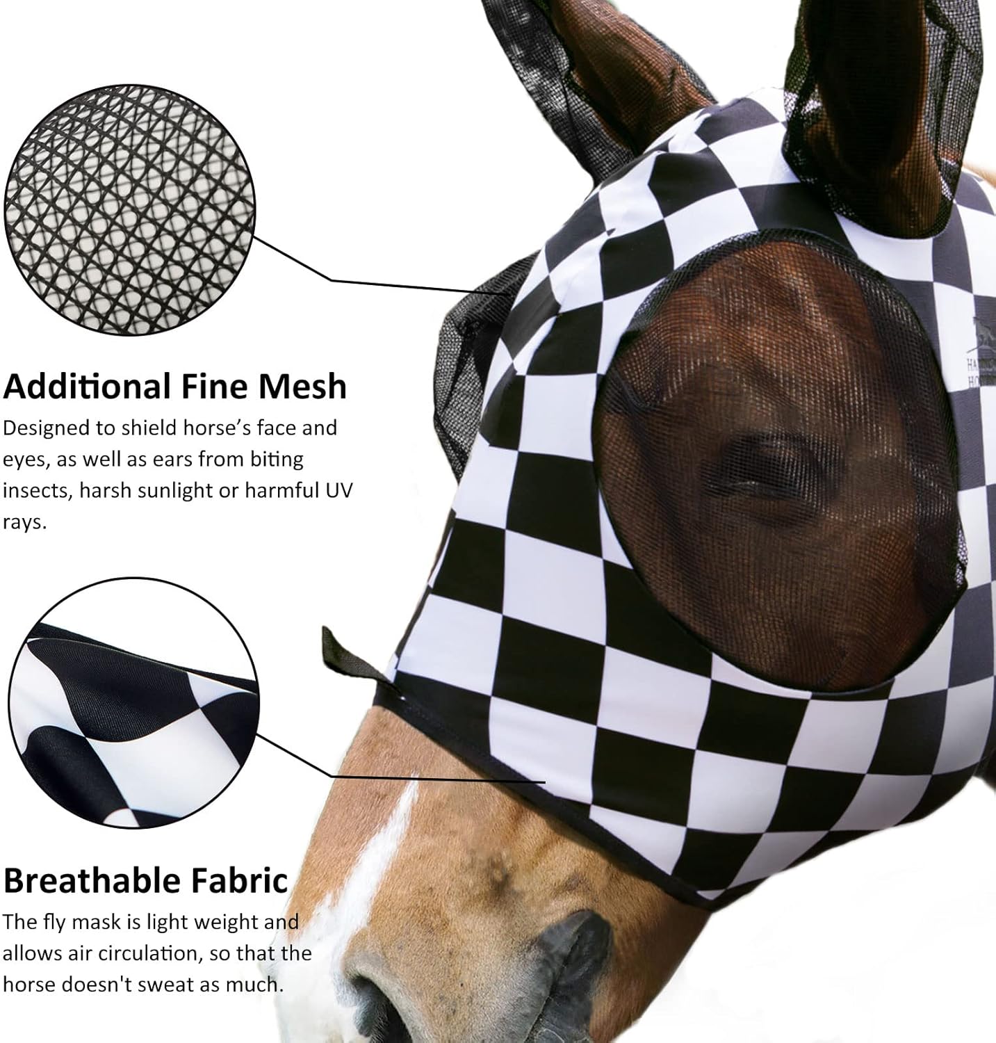 Harrison Howard Super Comfort Stretchy Fly Mask Large Eye Space with UV Protection Soft on Skin with Breathability Checker Board XL