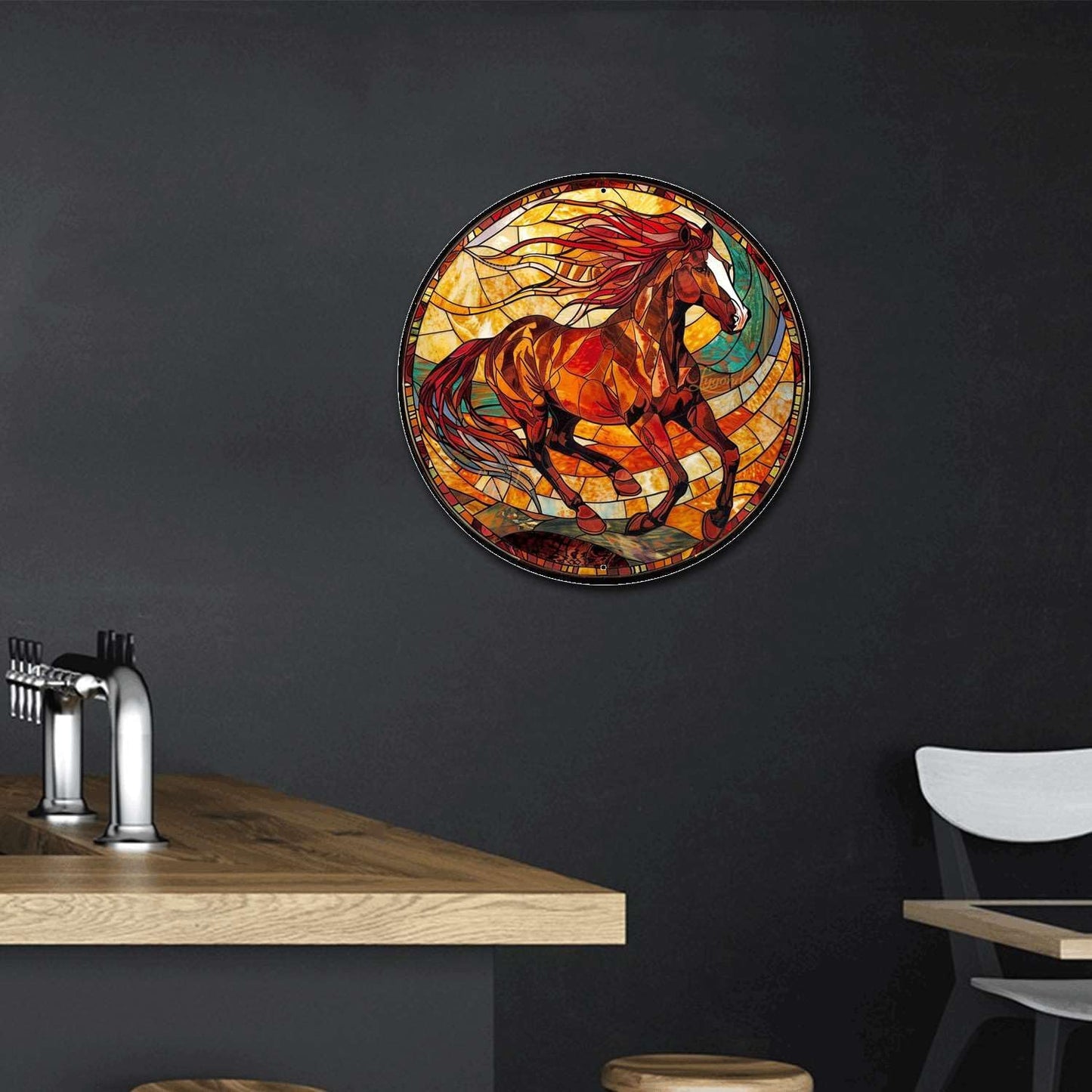 Lygond Metal Sign Tin Sign Circular Stained Glass American Mustang Garden Tin Sign for Gift 8×8 Inches