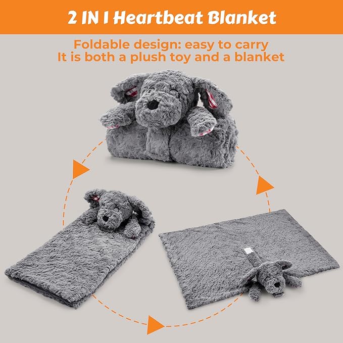 Heartbeat Toy Heartbeat Blanket for Dog Anxiety Relief, Heartbeat Stuffed Animal for Puppy Calming Aid Behavioral Aid, Dog Comfort Toy for Sleep Aid Cuddle, Grey
